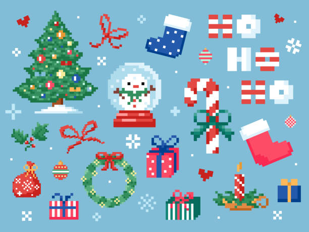 Pixel art Christmas elements clip art pack. Pixel art Christmas elements clip art pack. 8 bit vintage video game style decorations set like christmas tree, socks, candy cane, gift, christmas wreath, snow globe. Vector pixel art cute stuff christmas pattern pixel stock illustrations