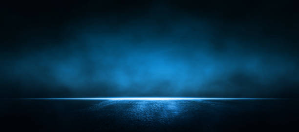 istock Rays, spotlights light. Asphalt blue dark street with smoke. Empty dark scene with neon light. 1347837120