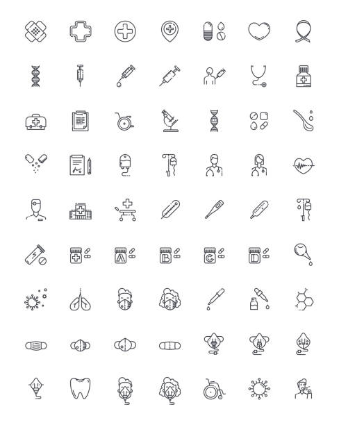 illustrazioni stock, clip art, cartoni animati e icone di tendenza di set di icone mediche lineari nere isolate su sfondo trasparente. - silhouette interface icons wheelchair icon set