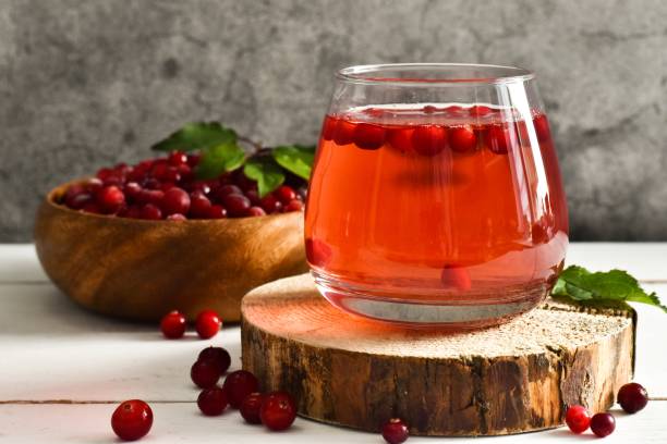 bicchiere cocktail rinfrescante e ciotola con mirtillo rosso - cranberry juice foto e immagini stock
