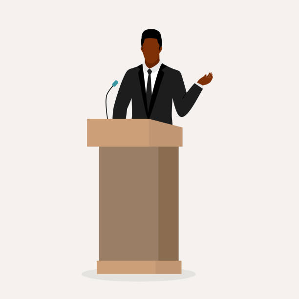 Black Man Public Speaker. Black Man Public Speaker Giving Speech At A Podium. Full Length, Isolated On Solid Color Background. Vector, Illustration, Flat Design, Character. governor stock illustrations