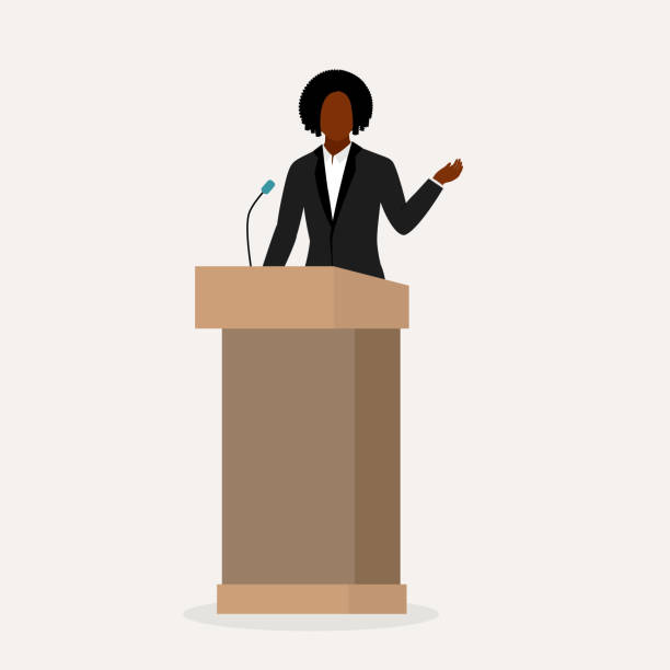Black Woman Public Speaker. Black Woman Public Speaker Giving Speech At A Podium. Full Length, Isolated On Solid Color Background. Vector, Illustration, Flat Design, Character. governor stock illustrations
