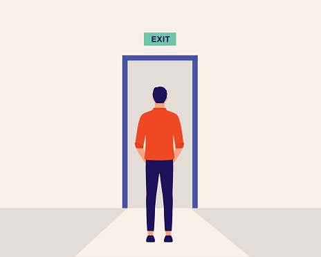 Young Man Standing In Front Of Exit Door. Vector, Illustration, Flat Design, Character.
