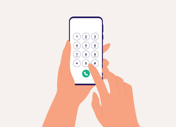 A Person's Hand With Mobile Phone Dialing Number. A Person's Hand With Smartphone Dialing Number. Close-Up, Isolated On Solid Color Background. Vector, Illustration, Flat Design, Character. dial stock illustrations