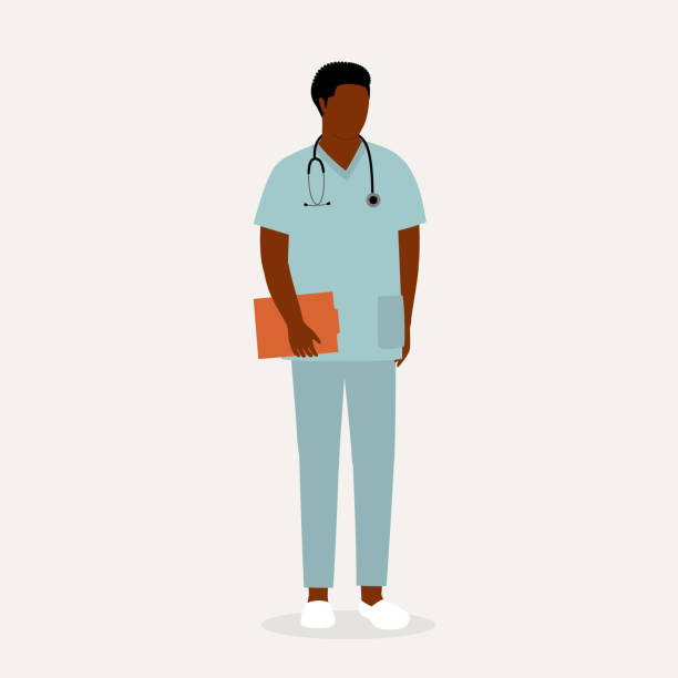 ilustrações de stock, clip art, desenhos animados e ícones de black male nurse. healthcare occupation. - nurse doctor scrubs male