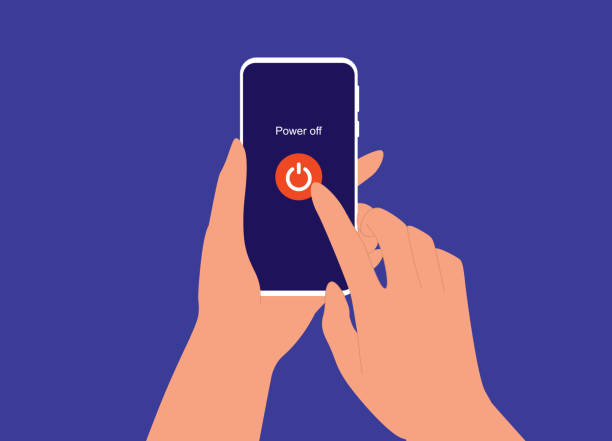 A Person Turning Off The Mobile Phone. Power Off. Switch Off. A Person Turning Off The Smartphone. Close-Up, Isolated On Solid Color Background. Vector, Illustration, Flat Design, Character. off stock illustrations