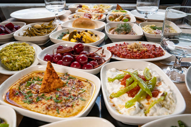 istock Traditional Turkish meze and appetizers on dinner table 1347844363