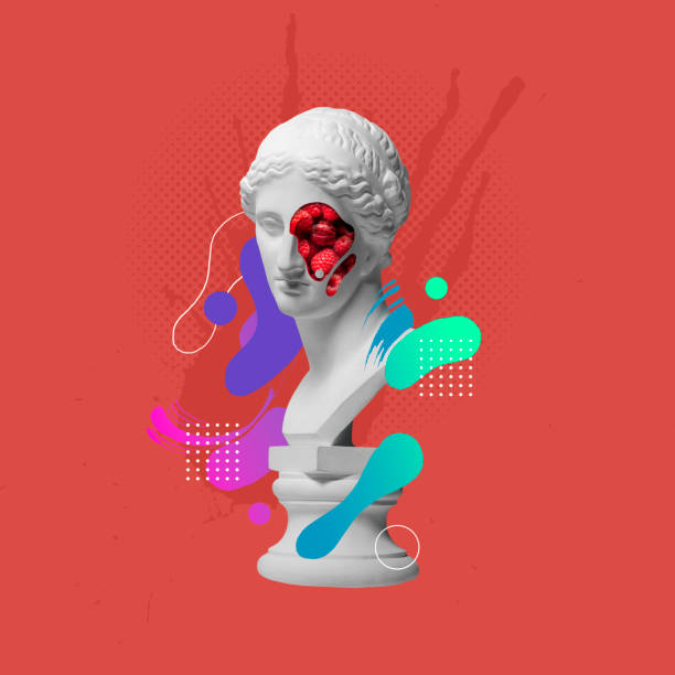 istock Contemporary art collage of antique statue bust with raspberry and colorful splashes elements isolated over red background 1347845545
