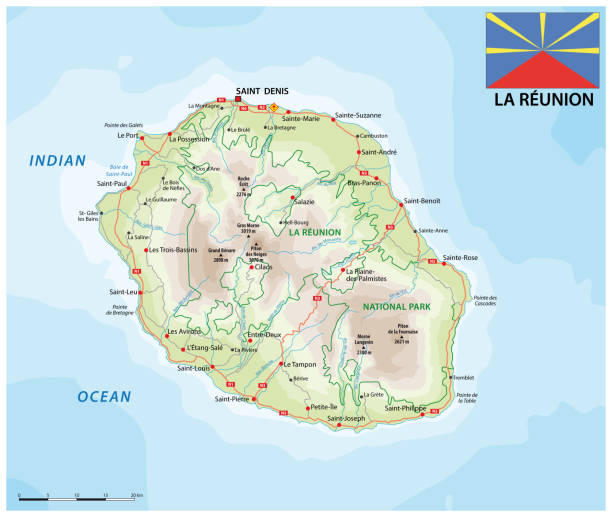 ilustraciones, imágenes clip art, dibujos animados e iconos de stock de la carretera de la reunión y el mapa vectorial del parque nacional con bandera - territorios franceses de ultramar