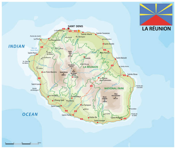 la reunion road and national park vector map with flag la reunion road and national park vector map with flag reunion stock illustrations