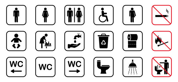 туалетная комната силуэт иконка. комплект знаков туалета. ванная комната, туалет пиктограмма. общественный туалет для инвалидов, мужчин, же - silhouette interface icons wheelchair icon set stock illustrations