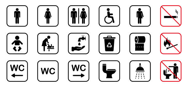 Toilet Room Silhouette Icon. Set of WC Sign. Bathroom, Restroom Pictogram. Public Washroom for Disabled, Male, Female, Transgender. Mother and Baby Room. No smoking Sign. Vector Illustration Toilet Room Silhouette Icon. Set of WC Sign. Bathroom, Restroom Pictogram. Public Washroom for Disabled, Male, Female, Transgender. Mother and Baby Room. No smoking Sign. Vector Illustration. mens room stock illustrations