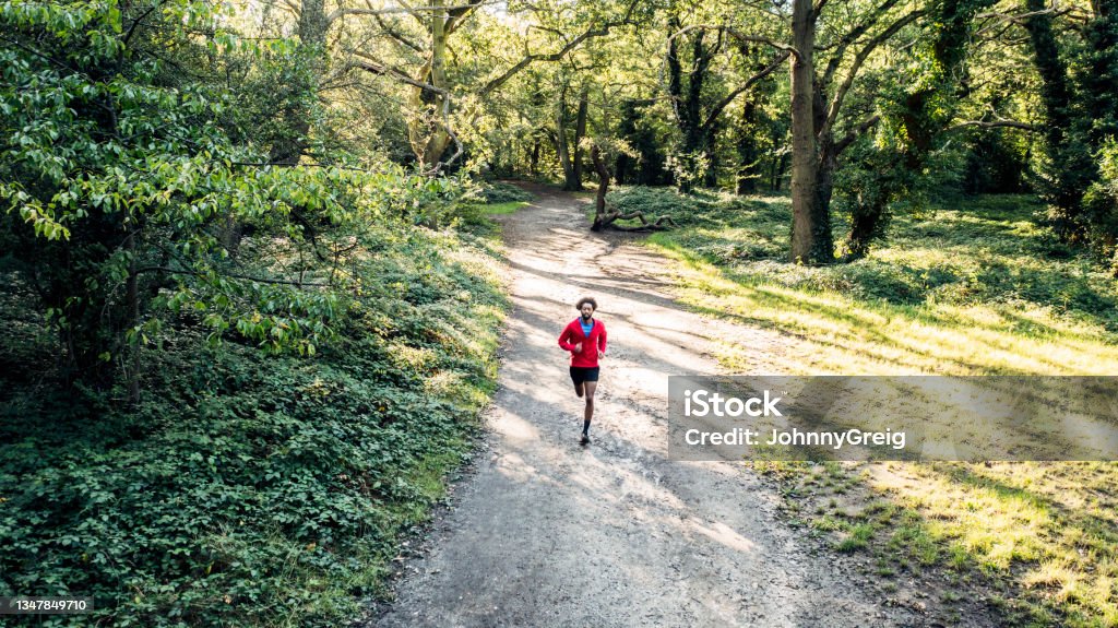 Sportsman running through sunny woodland Full length high angle view of Black athlete in mid 20s wearing workout clothing and approaching camera on footpath through tree area. Running Stock Photo