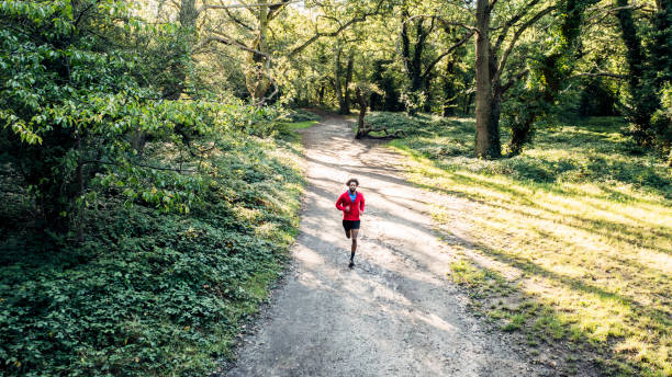 Sportsman running through sunny woodland Full length high angle view of Black athlete in mid 20s wearing workout clothing and approaching camera on footpath through tree area. wandsworth photos stock pictures, royalty-free photos & images