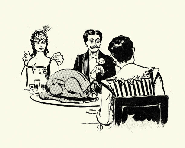 ilustrações de stock, clip art, desenhos animados e ícones de vintage french cartoon, man unimpressed with large roast dinner, goose, turkey, 1890s, 19th century - dining table table cartoon dining