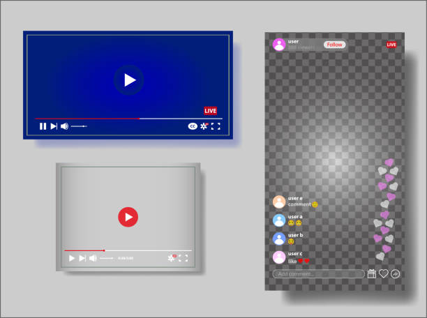 템플릿 멀티미디어 프레임입니다. 모형 라이브 스트림 창, 플레이어. 온라인 방송. 소셜 미디어 개념.- 벡터 - stream stock illustrations