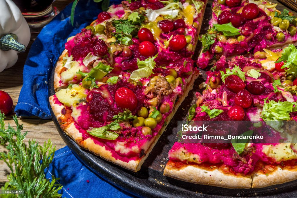 Thanksgiving Leftover Pizza Thanksgiving Leftover Pizza, classic turkey leftover tart or sandwich in form of pizza Thanksgiving - Holiday Stock Photo