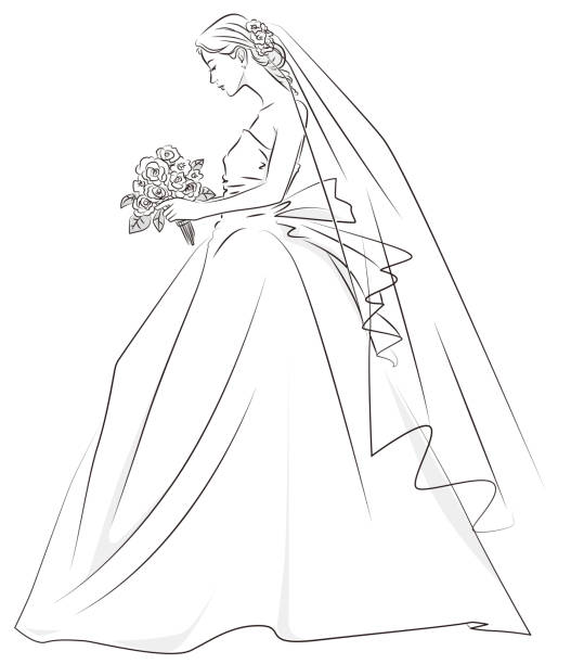 ilustrações de stock, clip art, desenhos animados e ícones de monochrome vector illustration of a bride in a wedding dress - wedding dress