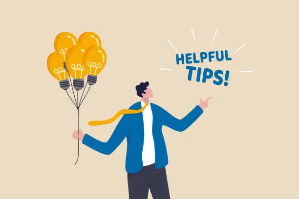 Vector illustration of Helpful tips for business, useful ideas or smart trick to success, advice or suggestion information for improvement concept, smart businessman holding lightbulb ideas balloon telling helpful tips.