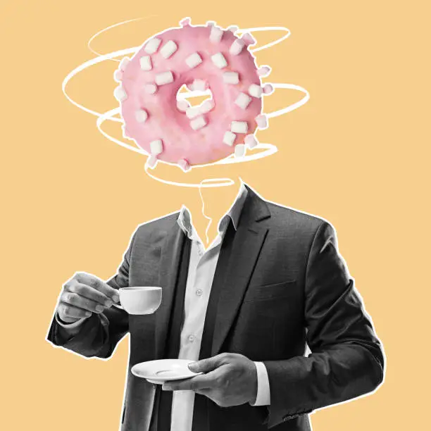 Photo of Modern design, contemporary art collage. Inspiration, idea, trendy urban magazine style. Man in business suit with glazed donut instead head