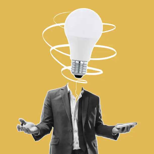 Photo of Modern design, contemporary art collage. Inspiration, idea, trendy urban magazine style. Man in business suit with electric bulb instead head