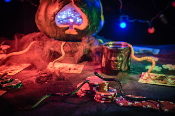 Festive still life with casino elements for Halloween stock photo