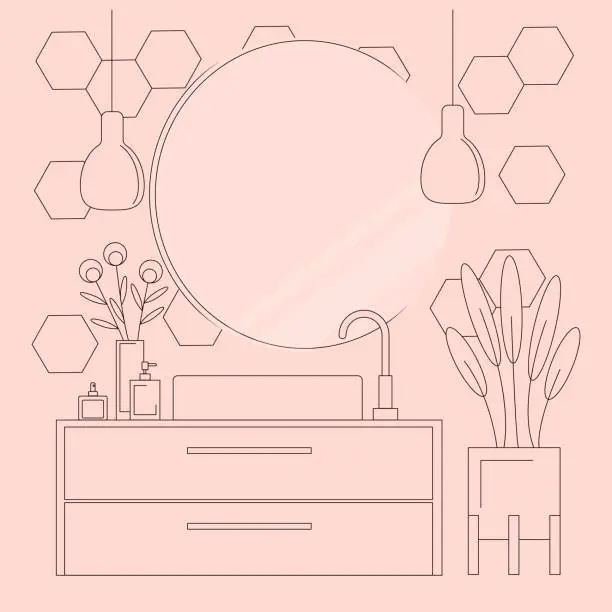 Vector illustration of Bathroom. Mirror, washbasin, flowerpots, eau de toilette, soap. Bathroom interior. Linear art on a pink background. Vector illustration