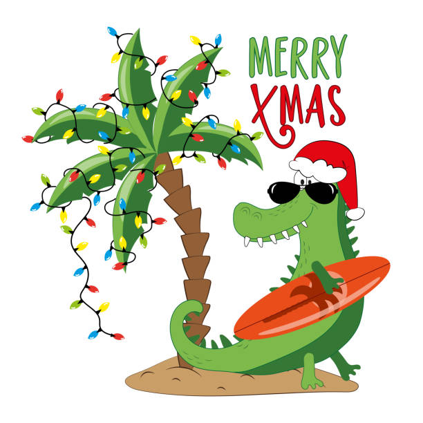 ilustrações, clipart, desenhos animados e ícones de feliz natal - crocodilo de papai noel engraçado com prancha de surfe, na ilha e palmeira decorada com guirlandas de luzes de natal. - christmas palm tree island christmas lights