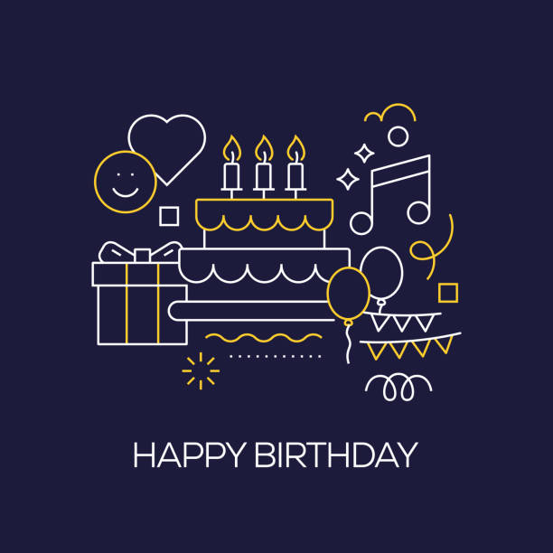 illustrazioni stock, clip art, cartoni animati e icone di tendenza di set vettoriale di illustrazione buon compleanno concetto. line art style background design per pagina web, banner, poster, stampa ecc. illustrazione vettoriale. - birthdays