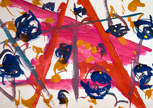 Abstract art patterns as colorful background. Child Tempera Drawing on Paper. Close-up of painted paper during the massive paint free-for-all, painting from my child