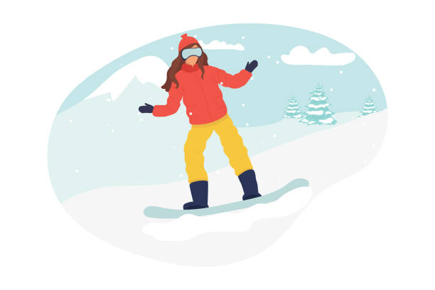 Vector cartoon snowboarder jumping. Young woman or girl on snowboard. flat winter. Flat vector illustration in cartoon style. sport. Vector cartoon snowboarder jumping. Young woman or girl on snowboard. flat winter. Flat vector illustration in cartoon style. sport snowboarding snowboard women snow stock illustrations