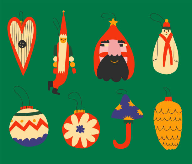 vector set - vintage toys on a christmas tree. Faded decorative elements for the New Year celebration - santa claus, ball, mushroom, Christmas Eve in the style of wooden retro toys 70s and 80s