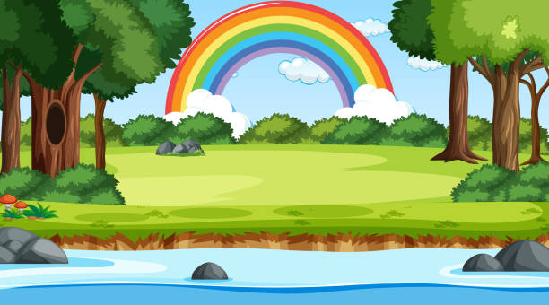 Nature scene background with rainbow in the sky Nature scene background with rainbow in the sky illustration river clipart stock illustrations