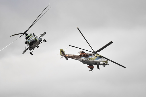 NATO DAYS, OSTRAVA, Czech-September, 18,2021: Mi-24 and Mi-171S Czech Air Force at Leoš Janáček Airport Ostrava. Mi-24 is a large , attack helicopter and Mi-171S is combat transport helicopters.