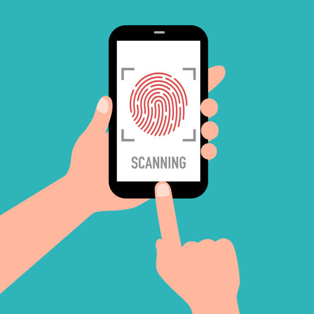 istock Hand holding smartphone with fingerprint scanning in flat design. Fingerprint identification or authentication vector illustration. 1347864282