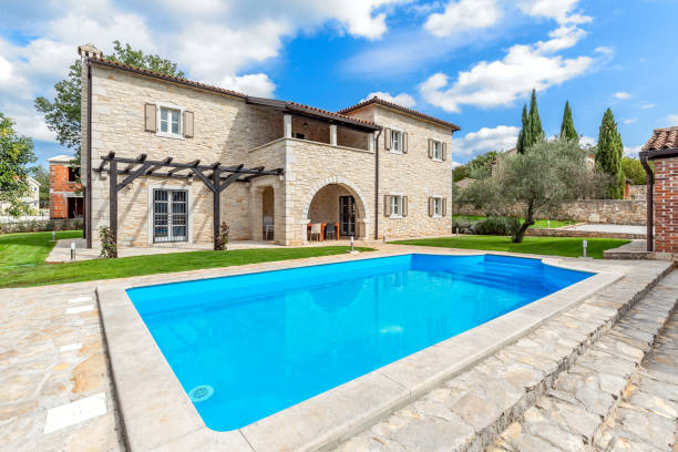 Luxurious beautiful modern villa with yard garden stock photo