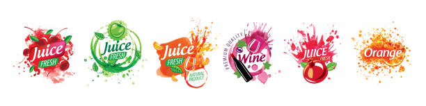 ilustrações de stock, clip art, desenhos animados e ícones de a set of vector signs with painted splashes of juice - splashing juice liquid red