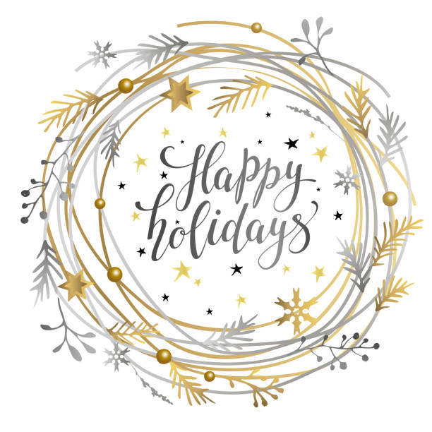 złoto-srebrny wieniec happy holidays z napisem.. element twojego projektu. świąteczna ramka. - happy holidays stock illustrations