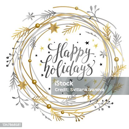 istock Golden-silver Happy Holidays wreath with lettering inscription.. Element for your design. Christmas frame. 1347868581