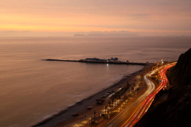 Lima highway along coastline with light trail in Miraflores Town, Lima, Peru.