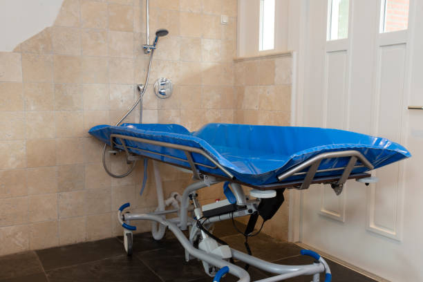 Medical shower, bath equipment for Handicapped and disabled, disabled shower trolley mobile bed stock photo