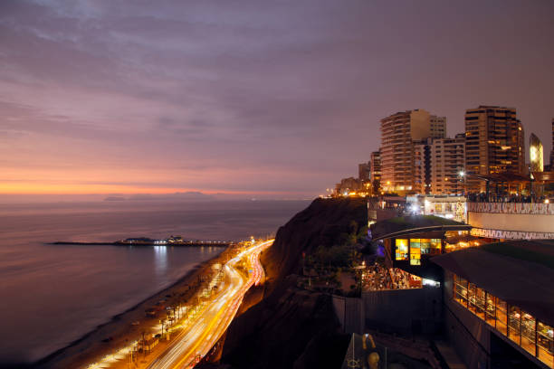 Coastline in Miraflores Town, Lima. Below the landslide are seen the highway with traffic and in the background shopping center Larcomar.
