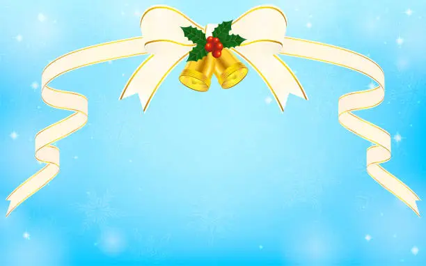 Vector illustration of Gorgeous silvery white ribbon with Christmas bells and blue sparkly snowflake background