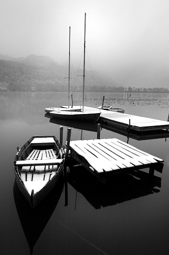 lake, reflection and snow, black and white