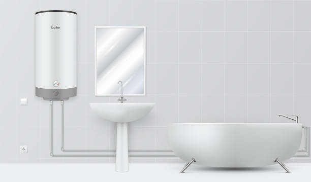 ilustrações, clipart, desenhos animados e ícones de banheiro realista com ilustração vetorial de modelo de design da caldeira. interior vazio do banheiro - sink toilet bathtub installing