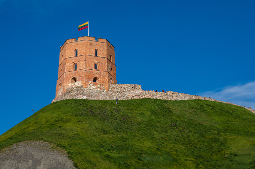 Vilnius, Lithuania - October 3, 2021: Gediminas Tower on the hill in the old town center in Vilnius, Lithuania.