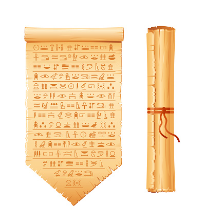 Ancient egyptian papyrus with hieroglyphs. Historical vector pattern from Ancient Egypt. 3d old scroll with script, pharaohs and gods symbols. Ornamen art design, text letter papyrus illustration