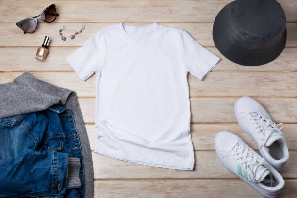 istock Womens T-shirt mockup with jeans hooded jacket 1347876759