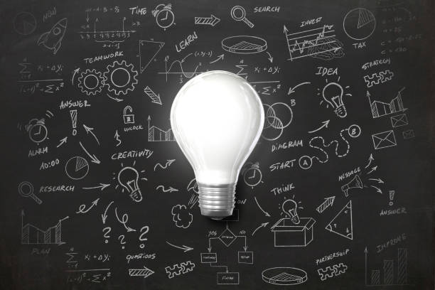 新しい創造的なアイデア電球 - blackboard brainstorming intellectual property invention ストックフォトと画像