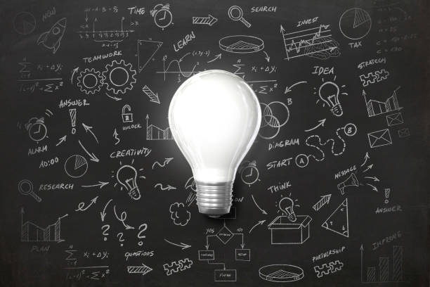 nova lâmpada de ideia criativa - blackboard brainstorming intellectual property invention - fotografias e filmes do acervo